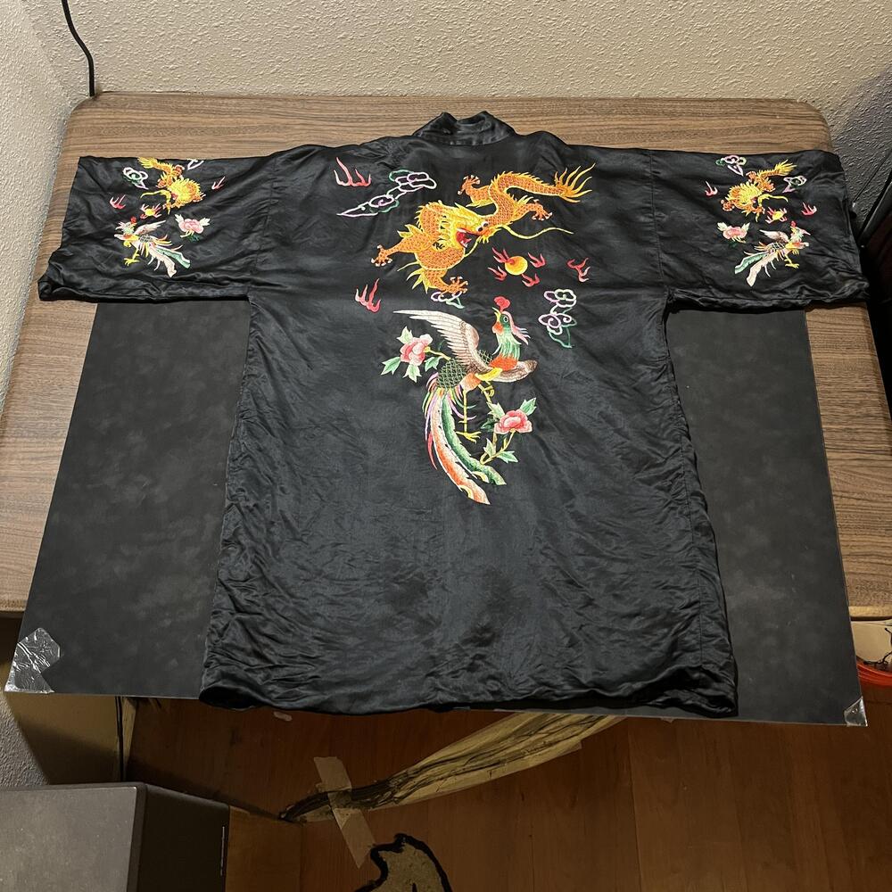 Vintage Silk Kimono 1950s Embroidered Dragon Phoenix Golden Bee Robe Black 40s